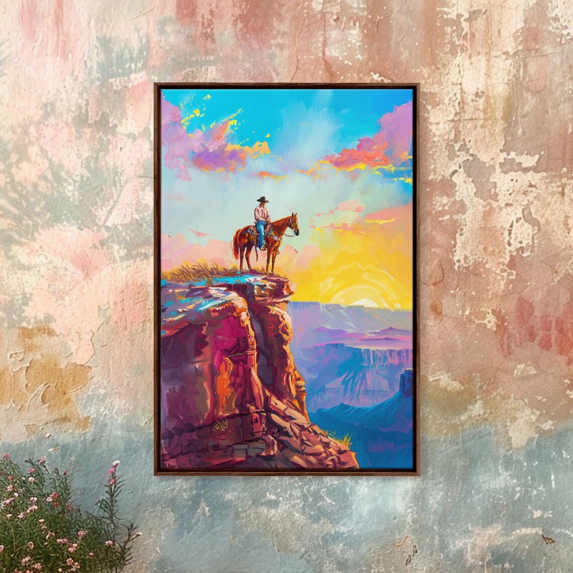 Cowboy On Horseback Canyon Cliff Edge Colorful Sunrise Western Poster
