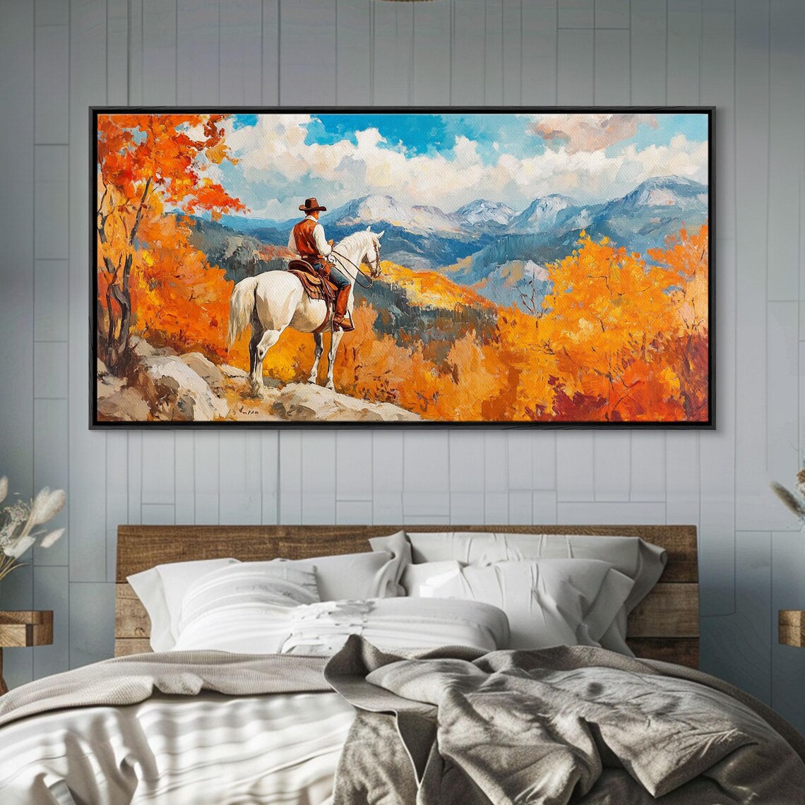 Fall Cowboy Overlooking The Mountains Framed Print Rustic Western Art With Vibrant Fall Tall Framed Print Farmhouse Wall Art - Image 5