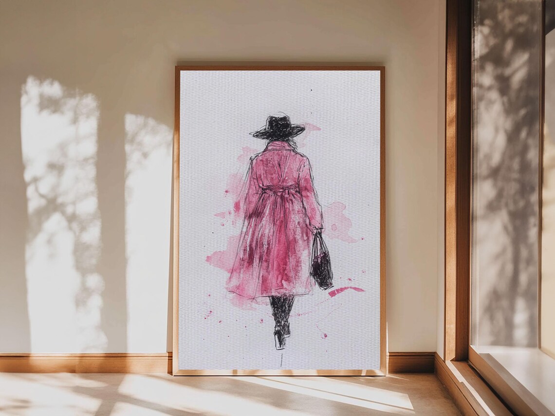Woman In Pink Coat Fashion Illustration Minimalist Wall Art Print Poster