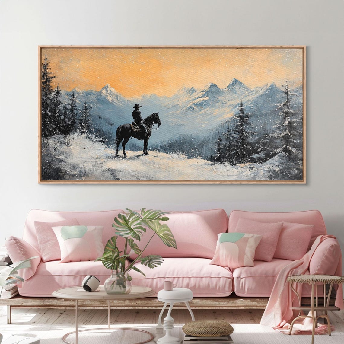 Lone Winter Cowboy On Horseback Snowy Mountain Sunset View Poster - Image 3