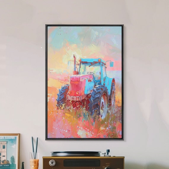 Colorful Tractor In Pastel Field Framed Print Farmhouse Living Room Art Rustic Bedroom Decor Rural Art Wall Art