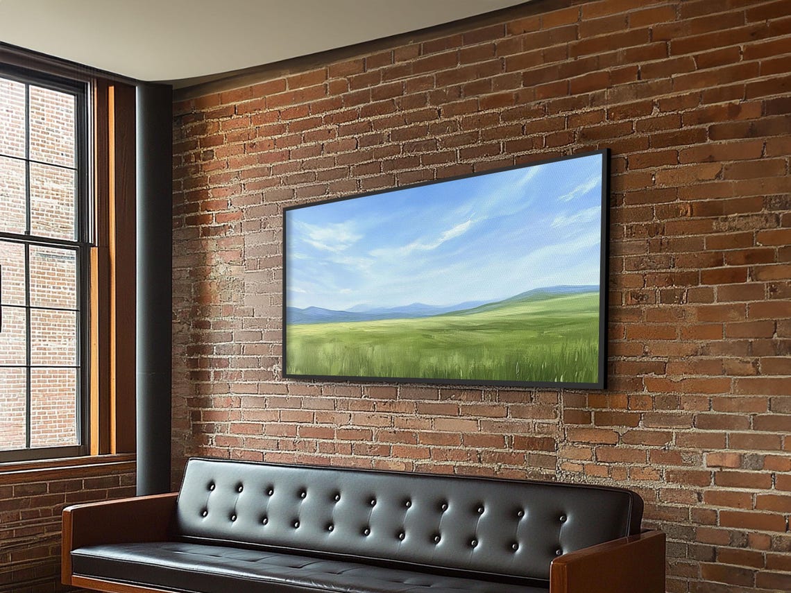 Green Meadow Under Blue Sky Minimalist Landscape Painting Wall Art - Image 2