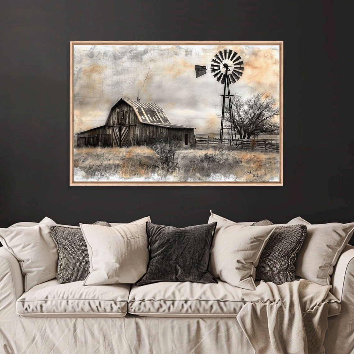 Old Rustic Barn With Windmill Sepia Prairie Landscape Painting Print