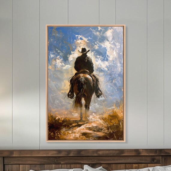 Cowboy Silhouette Riding Through the Plains, Western Art Print