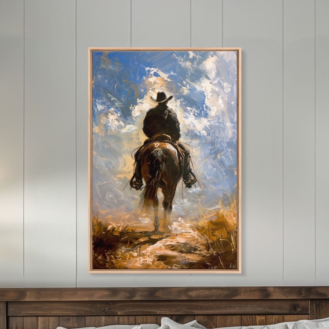 Cowboy Silhouette Riding Through the Plains, Western Art Print