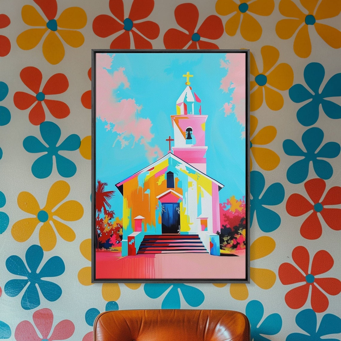 Colorful Pastel Church Painting With Blue Sky And Pink Clouds Poster - Image 3