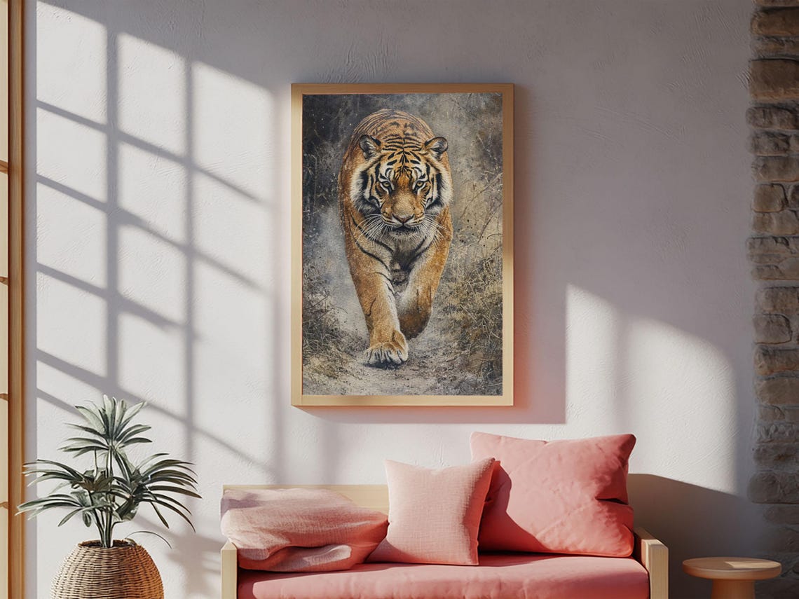 Tiger Stalking Forward Realistic Oil Painting Wild Cat Statement Print - Image 5