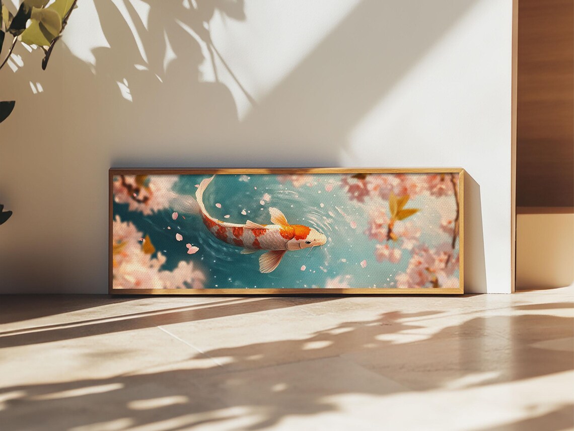 Koi Fish Cherry Blossom Panoramic Painting Orange White Swimming Turquoise Poster - Image 6