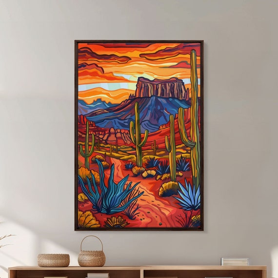 Framed Print Bold Desert Landscape With Saguaro Cacti And Mountains Unique Wall Art For Living Room Or Bedroom