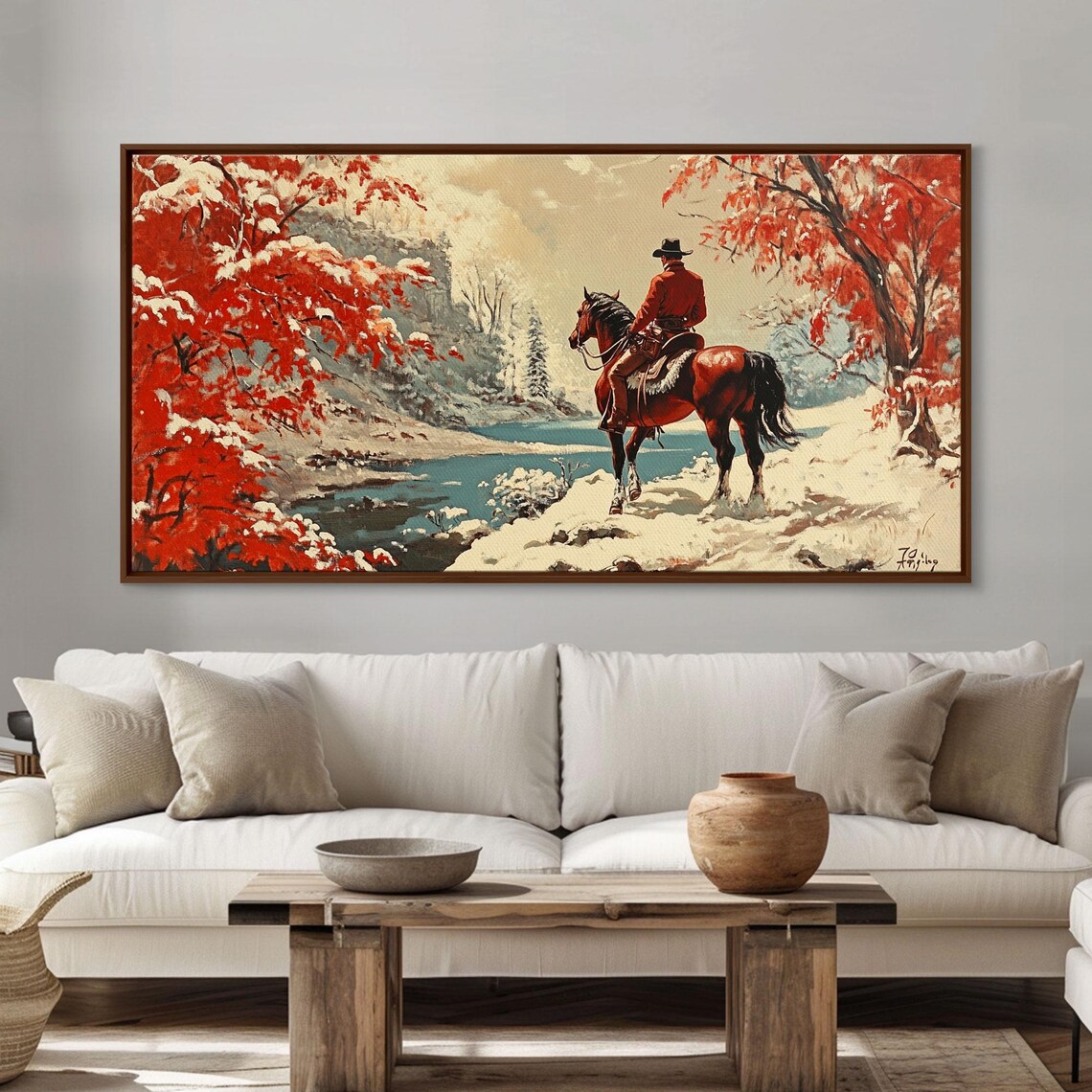 Vintage Cowboy In Red Coat By Snowy River Autumn Leaves Trail Poster - Image 6