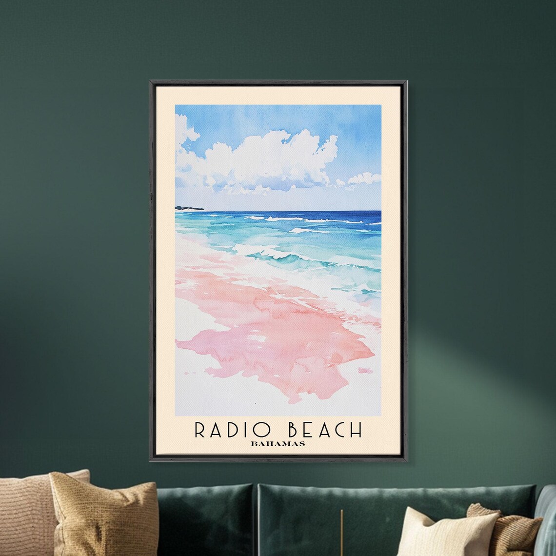 Radio Beach Bahamas Pink Sand Beach Turquoise Surf White Clouds Watercolor Poster - Image 5