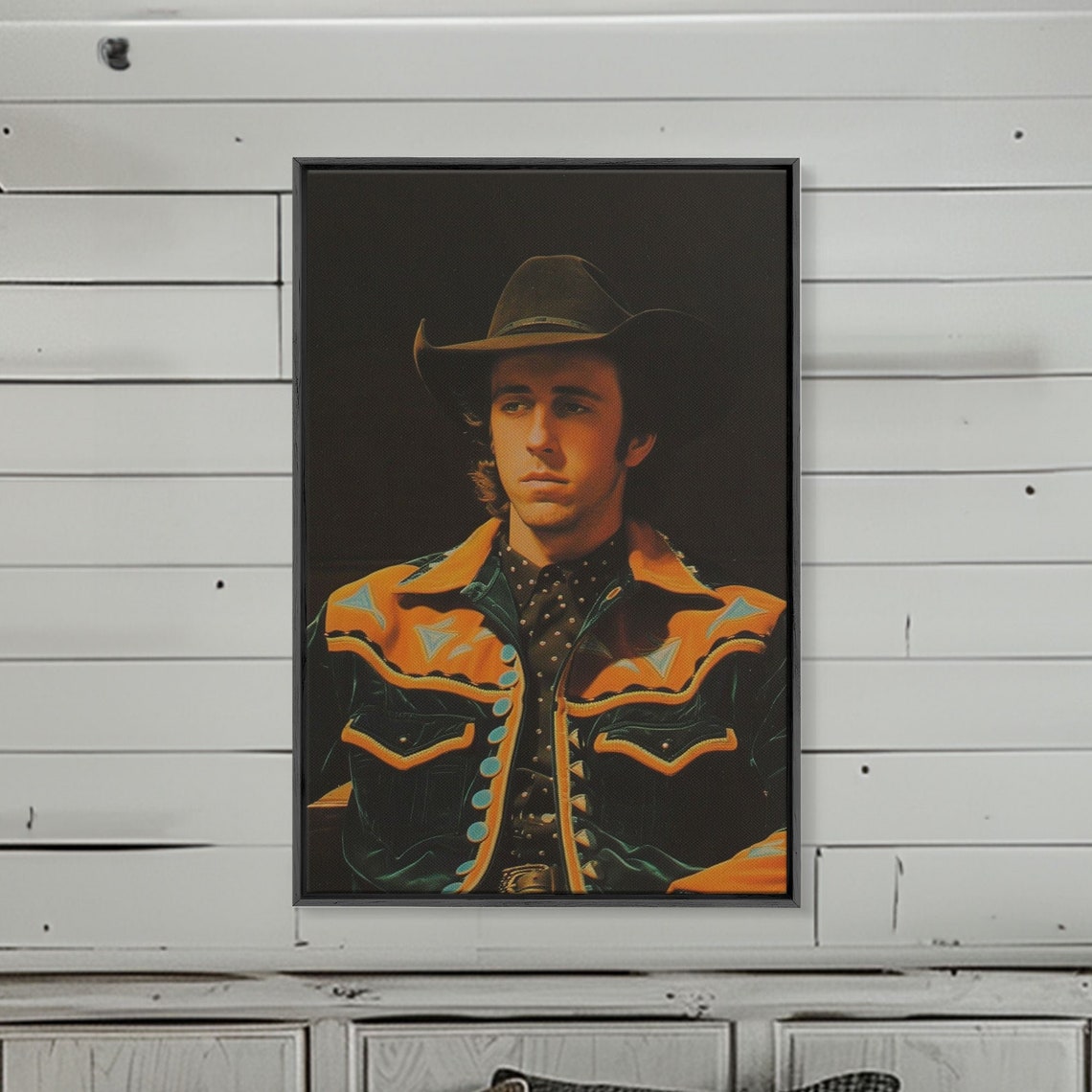 Retro Cowboy Portrait In Western Shirt Against Dark Background Poster - Image 2