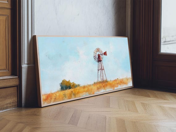 Rustic Windmill Framed Print Perfect Above Sofa Farmhouse Art Panoramic Artwork Wabi Sabi Inspired Bedroom Horizontal Wall Art