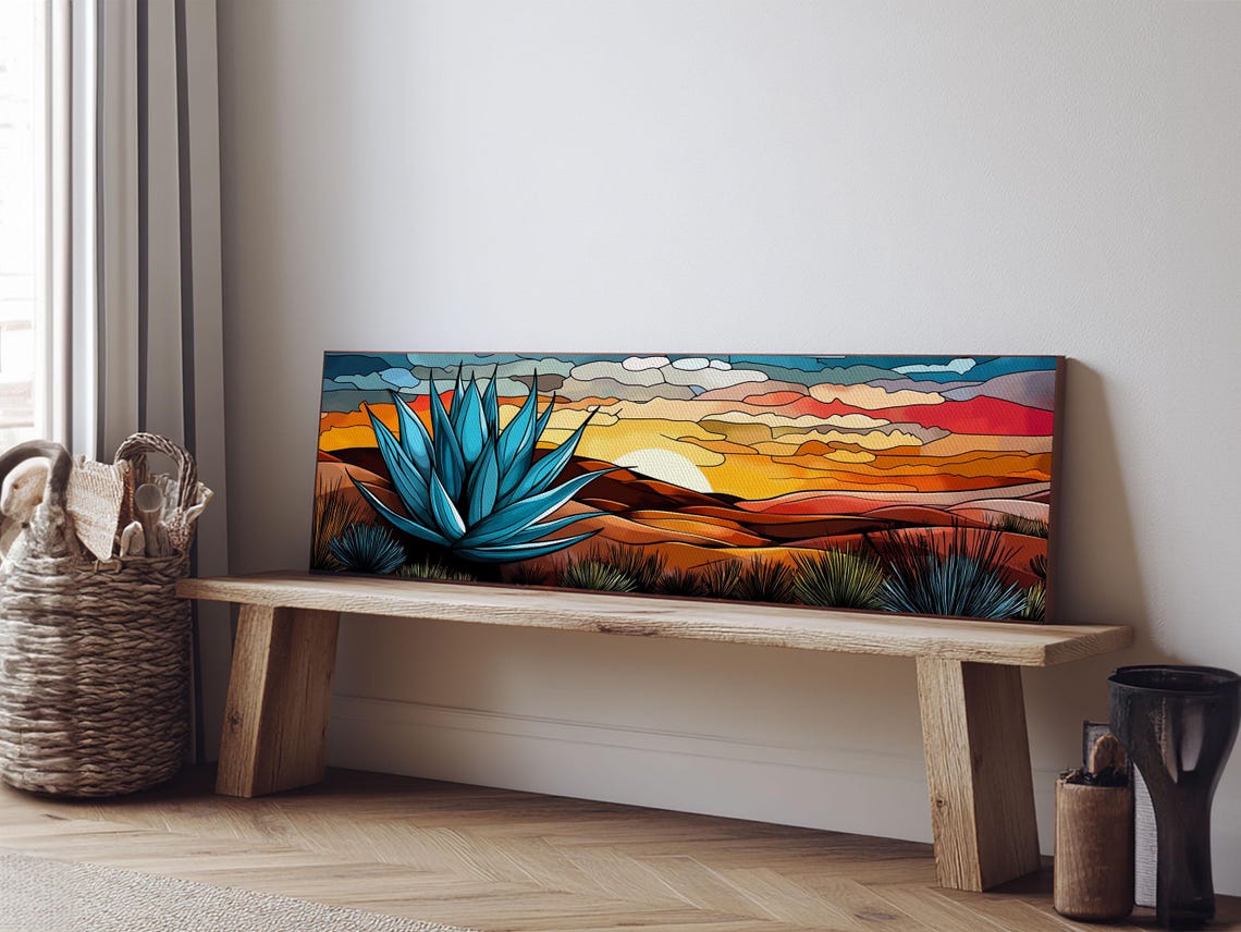 Blue Agave Desert Sunset Stained Glass Style Panoramic Wall Poster - Image 6