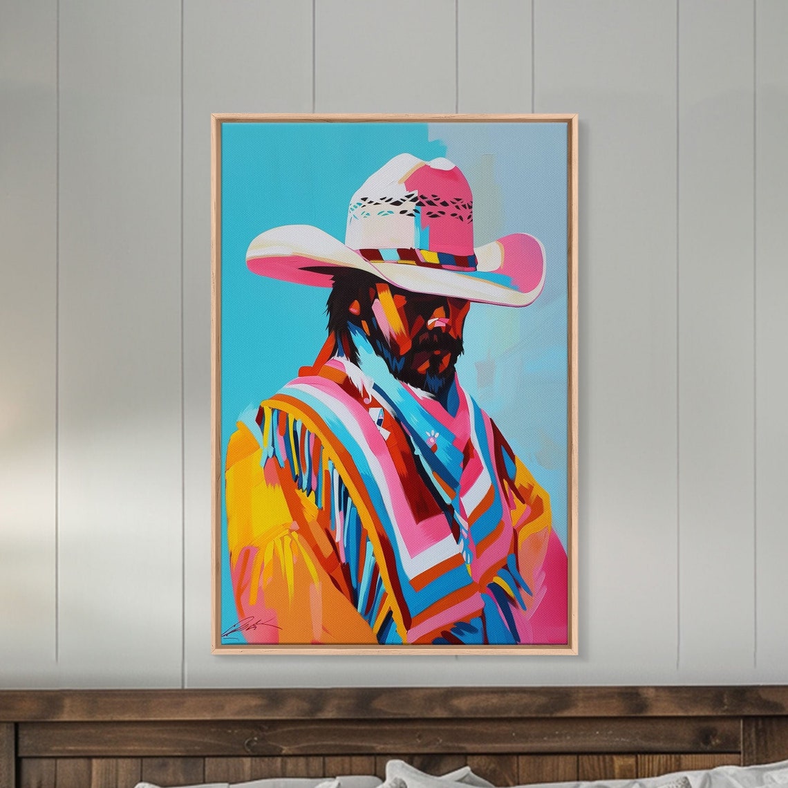 Vibrant Pop Art Cowboy Portrait In Neon Pink And Blue Wall Poster - Image 3