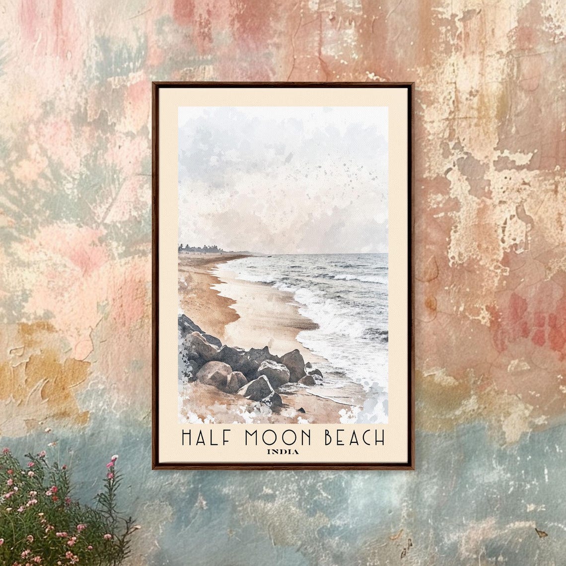 Half Moon Beach India Quiet Shoreline Surf Watercolor Travel Poster - Image 4