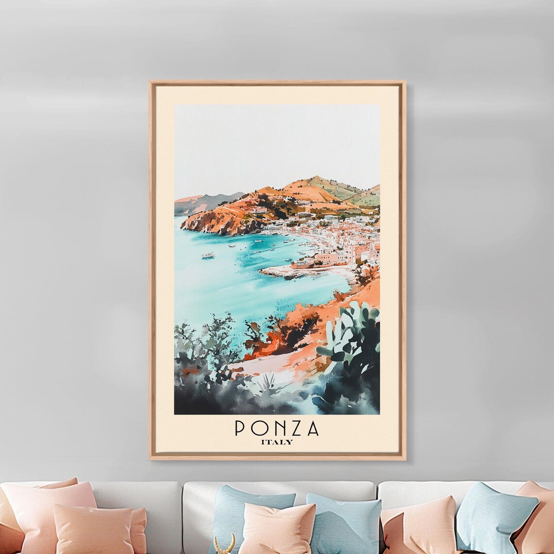 Ponza Italy Turquoise Harbor Pastel Town Cacti Watercolor Travel Poster - Image 3