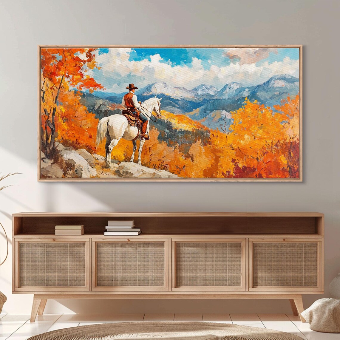 Fall Cowboy Overlooking The Mountains Framed Print Rustic Western Art With Vibrant Fall Tall Framed Print Farmhouse Wall Art - Image 3