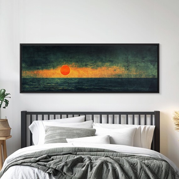 Moody Ocean Sunset Emerald Sea Big Orange Sun Panoramic Art Print