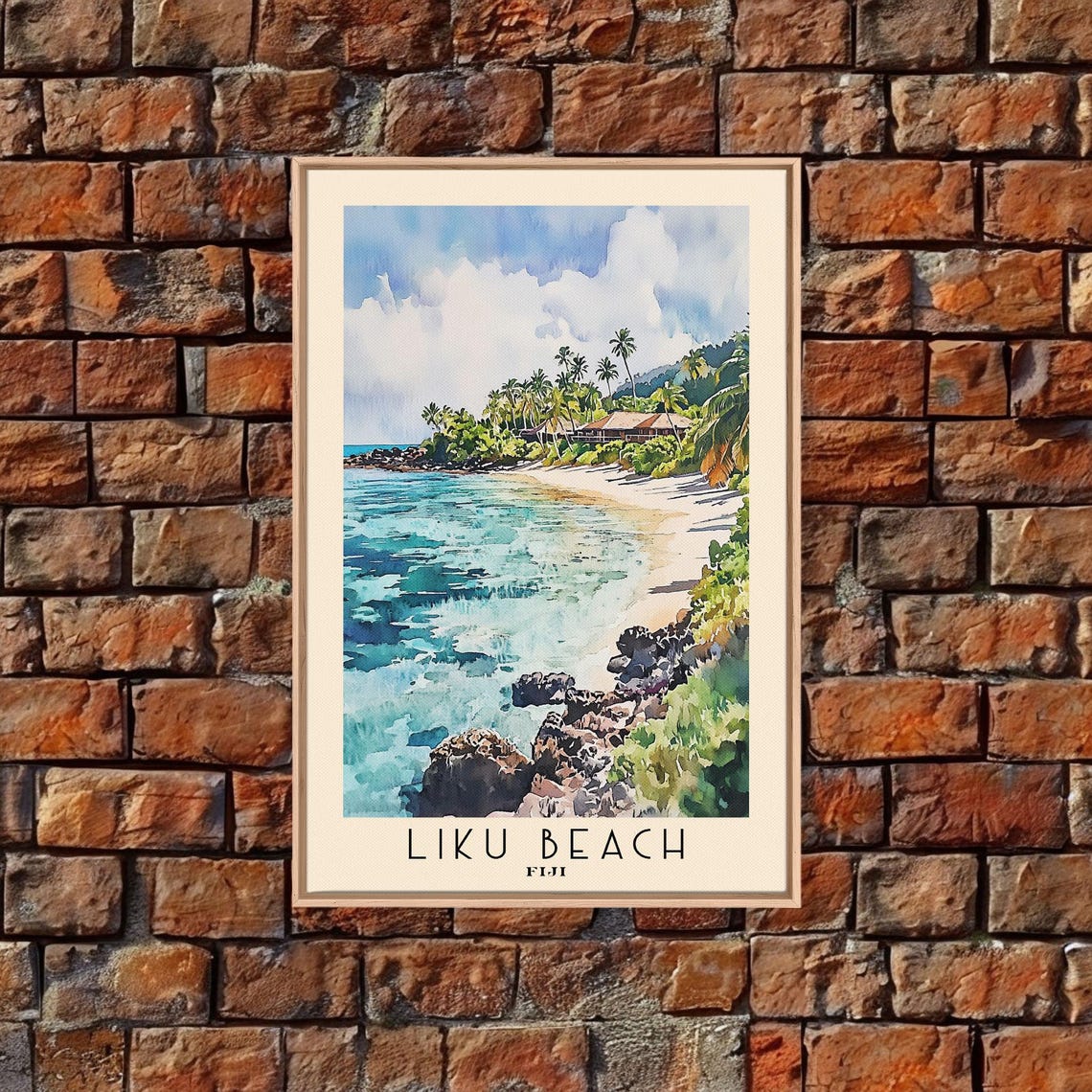 Liku Beach Fiji Turquoise Bay Palm Trees Rocky Shore Watercolor Poster - Image 5