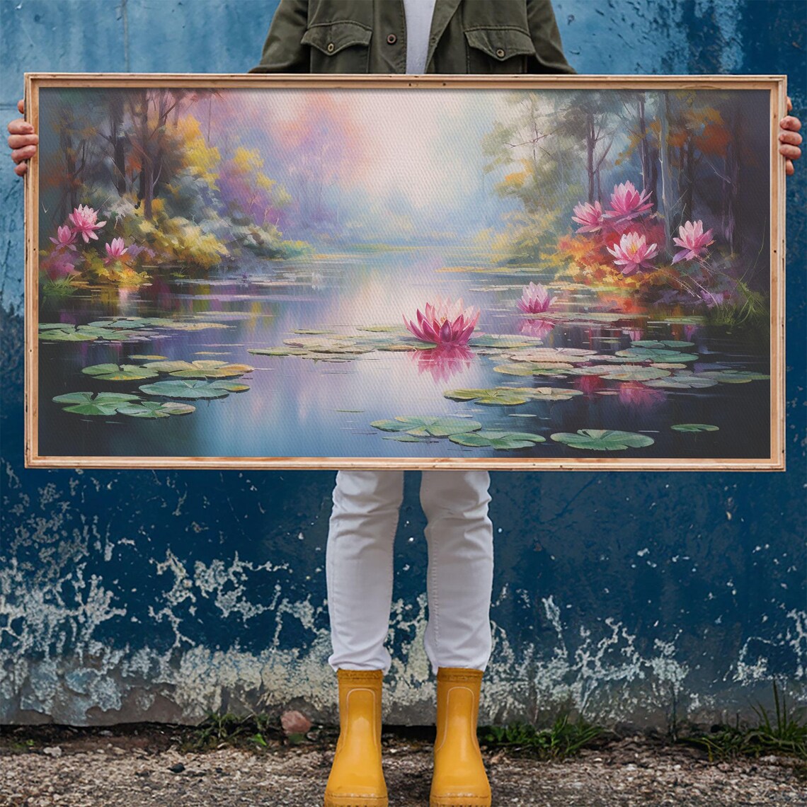 Water Lily Pond Pink Lotus Flowers Lily Pads Misty Garden Panoramic Wall Art Print - Image 6