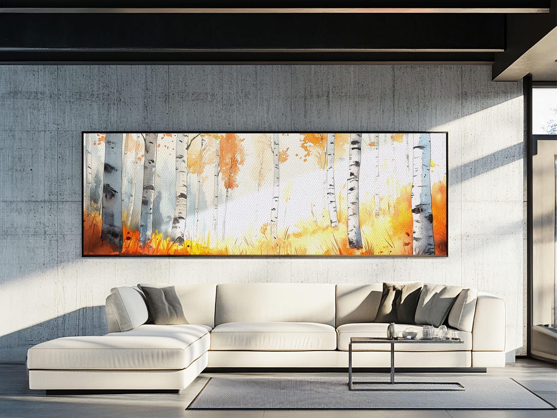 Birch Forest Golden Autumn Foliage Watercolor Panoramic Wall Poster - Image 5