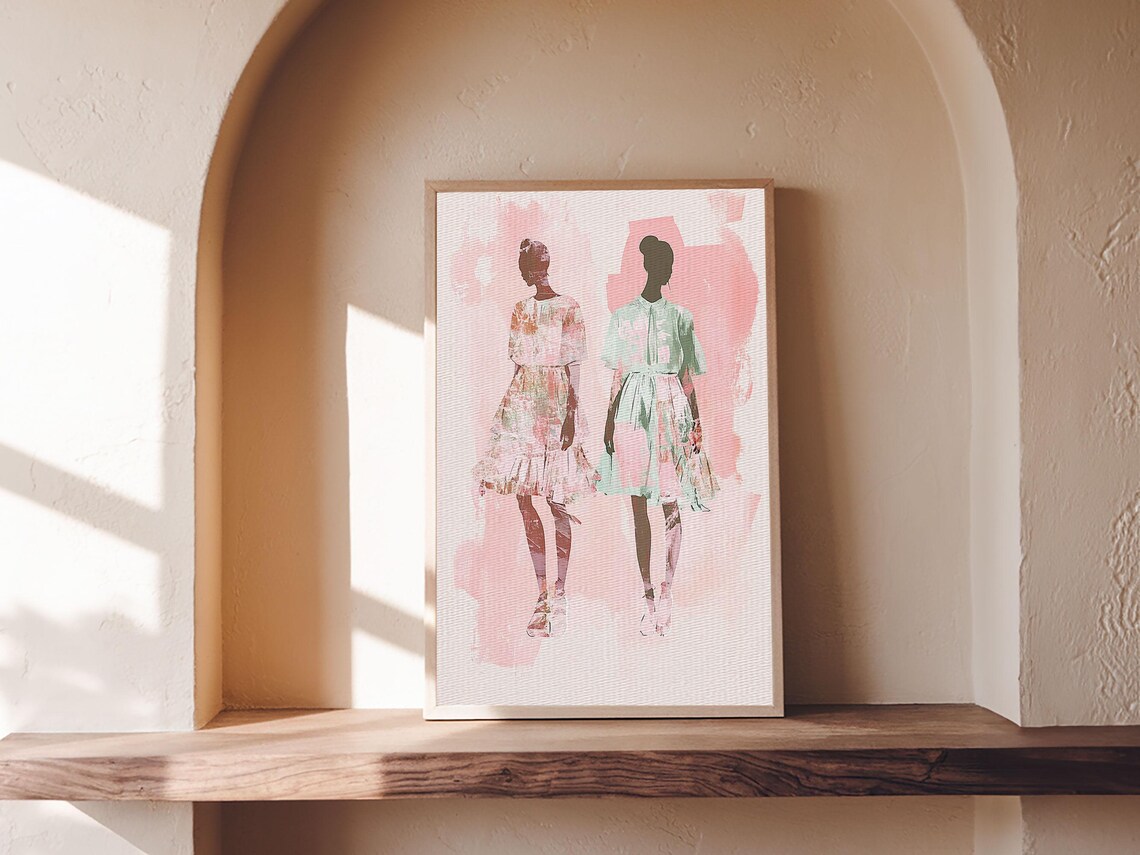 Fashion Silhouettes Two Women Pink Dresses Chic Style Art Poster - Image 4