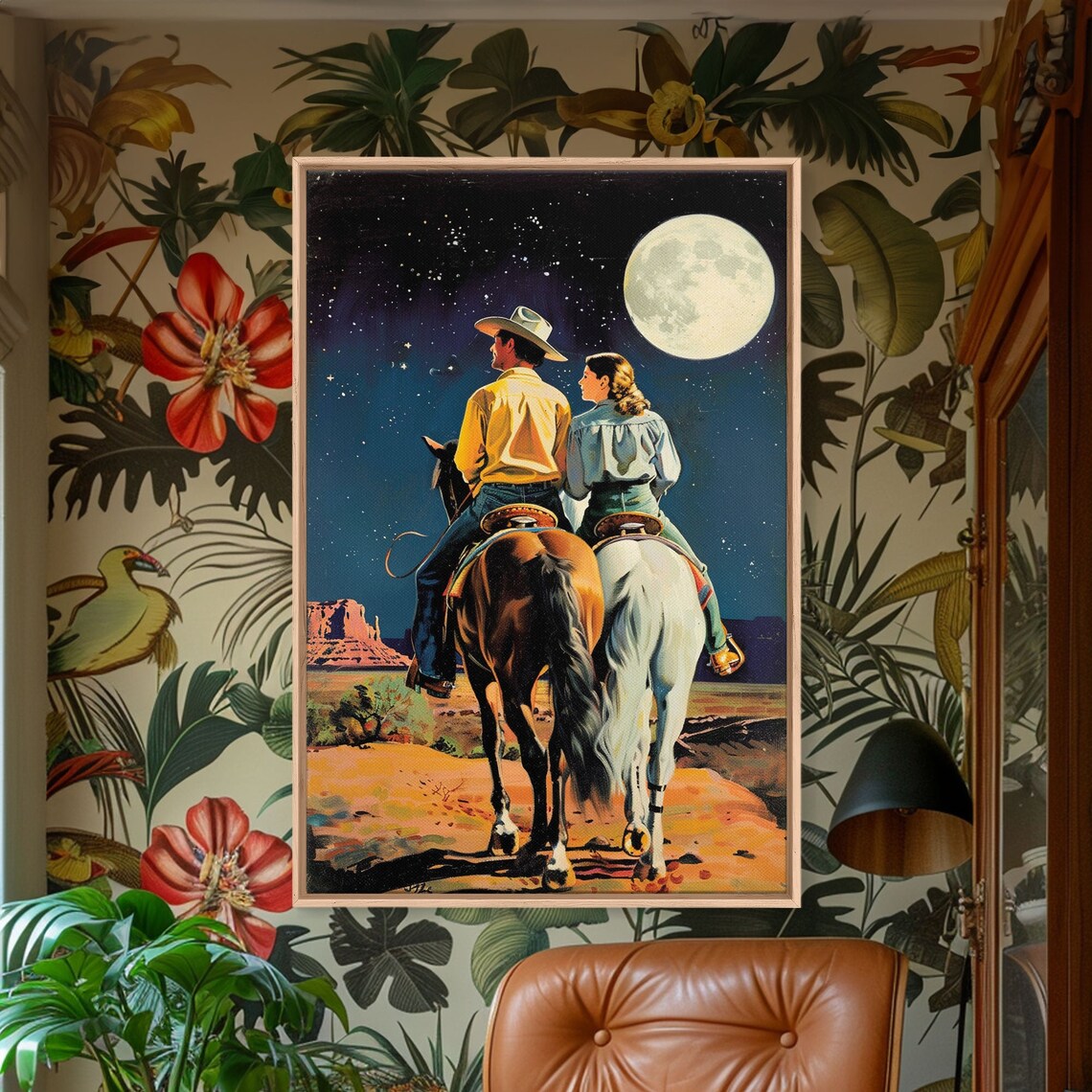 Cowboy Couple On Horseback Gazing At Moon In Desert Night Poster