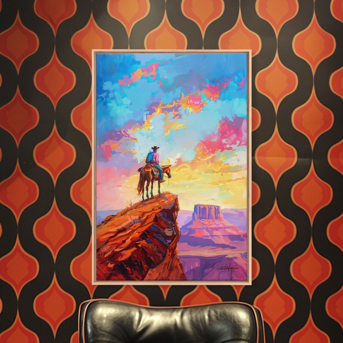 Cowboy On Horseback Overlooking Canyon At Colorful Sunset Art Poster - Image 3