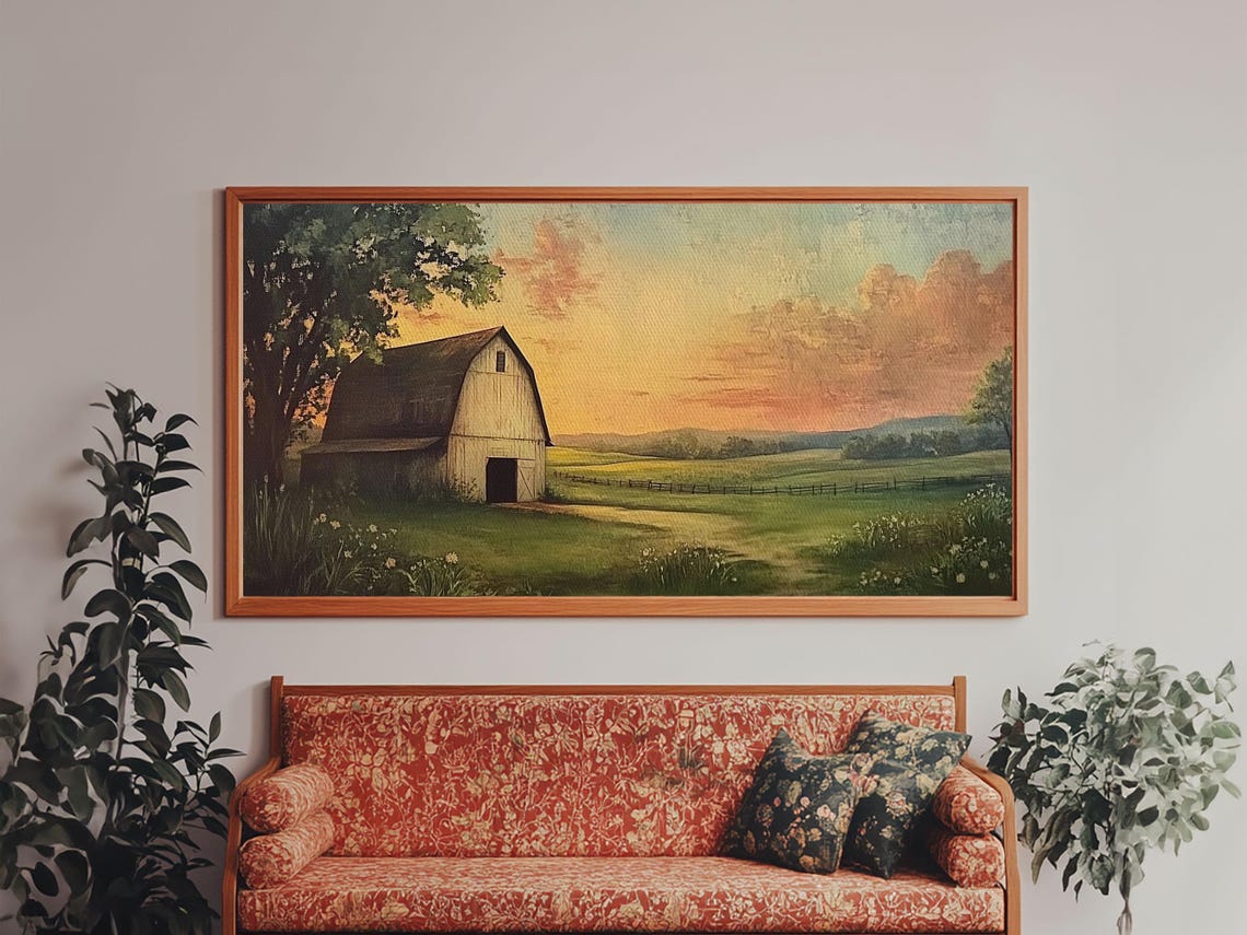 Old Barn Sunset Meadow Fence Vintage Farmhouse Landscape Art Print - Image 5