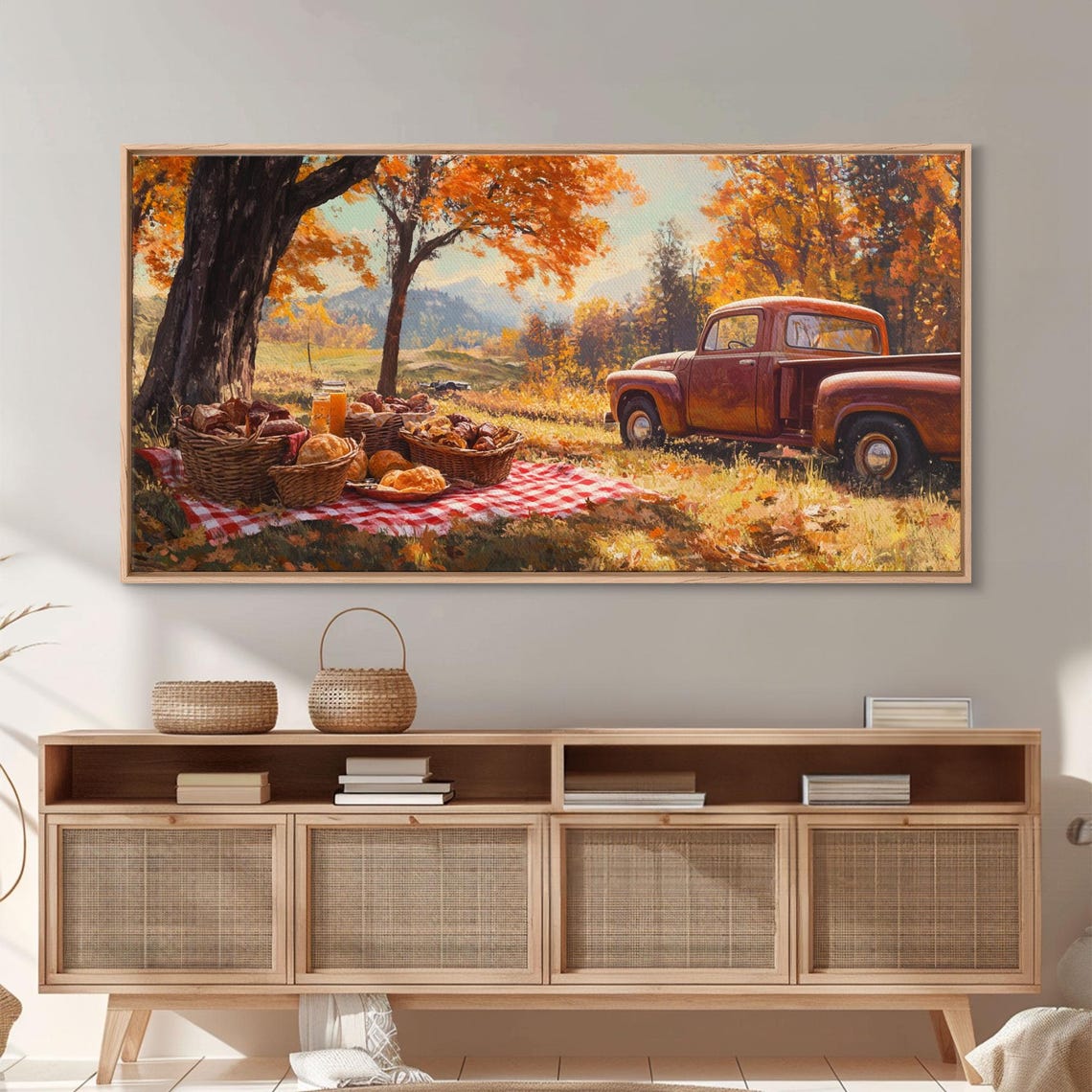 Fall Harvest Picnic With A Vintage Red Pickup Truck Art Print - Image 3