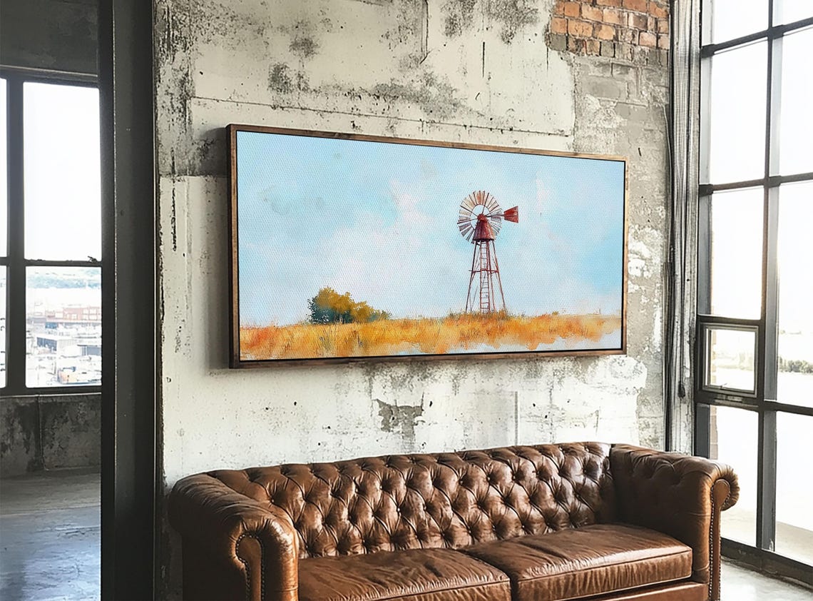 Rustic Windmill Framed Print Perfect Above Sofa Farmhouse Art Panoramic Artwork Wabi Sabi Inspired Bedroom Horizontal Wall Art - Image 5