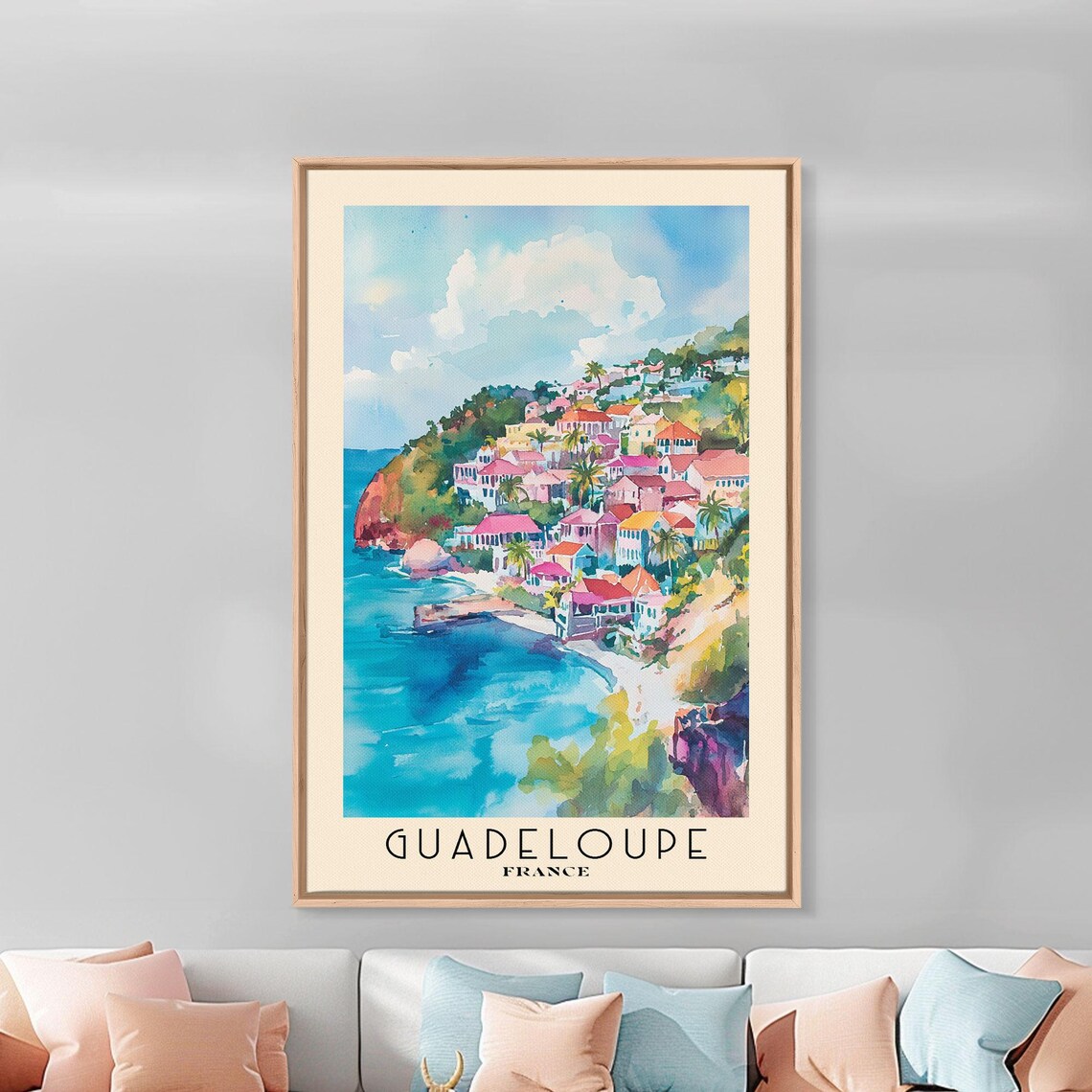 Guadeloupe France Colorful Hillside Town Turquoise Bay Travel Poster - Image 3