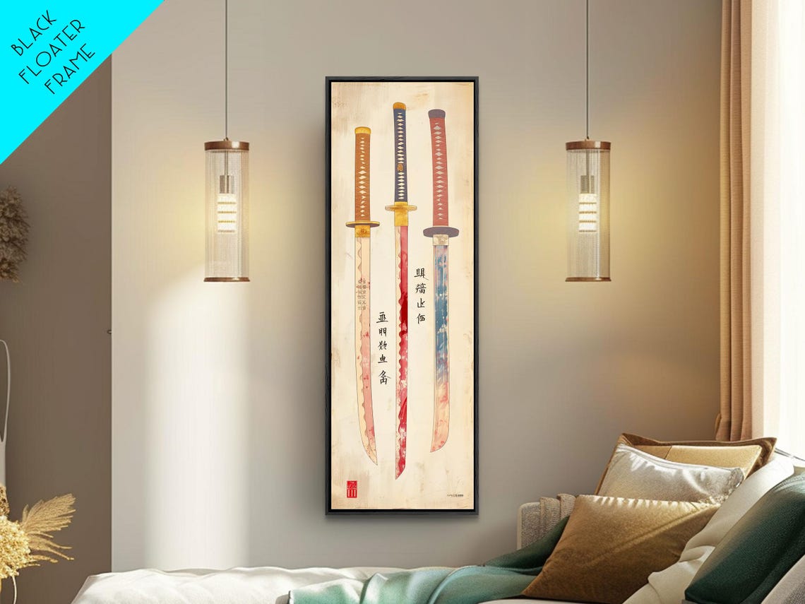 Three Samurai Swords Japanese Characters Cream Vintage Art Poster - Image 6