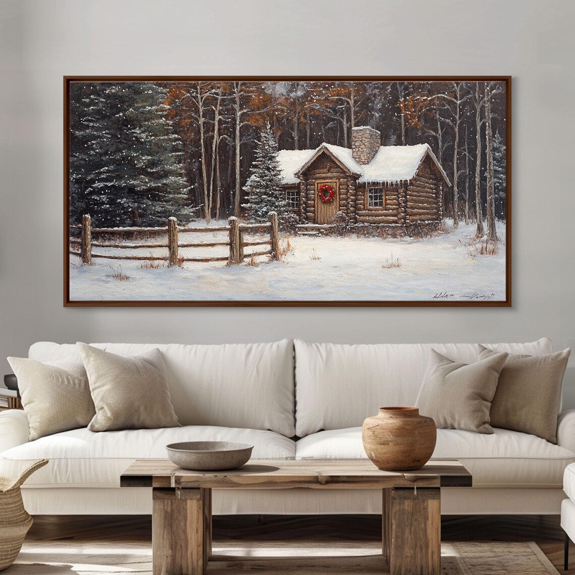 Snowy Log Cabin Christmas Art Print, Rustic Holiday - Image 4