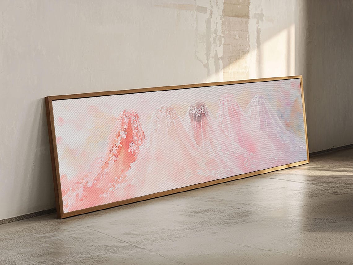 Pink Bridal Veil Tulle Soft Watercolor Wedding Dreamy Wall Art - Image 2