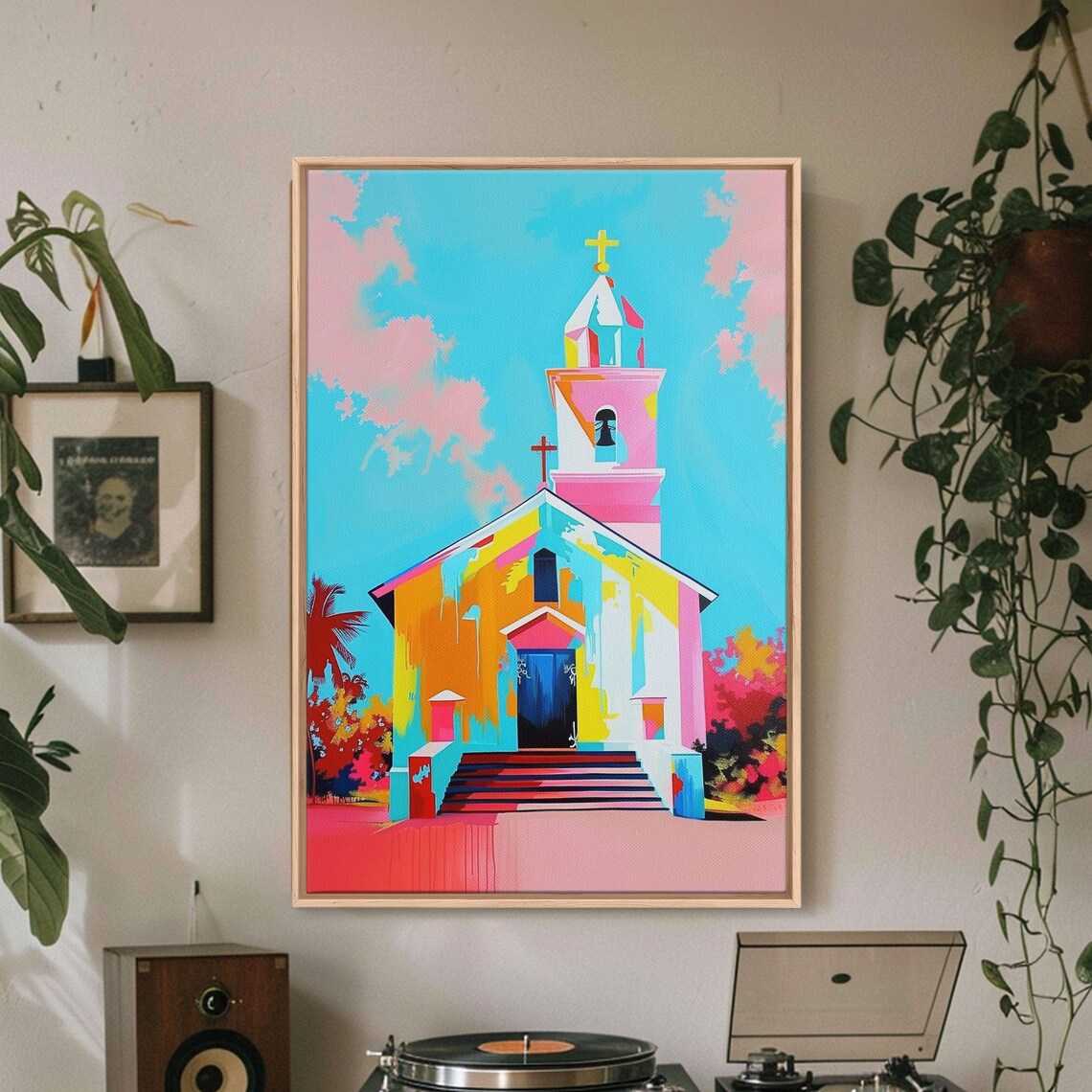 Colorful Pastel Church Painting With Blue Sky And Pink Clouds Poster - Image 2