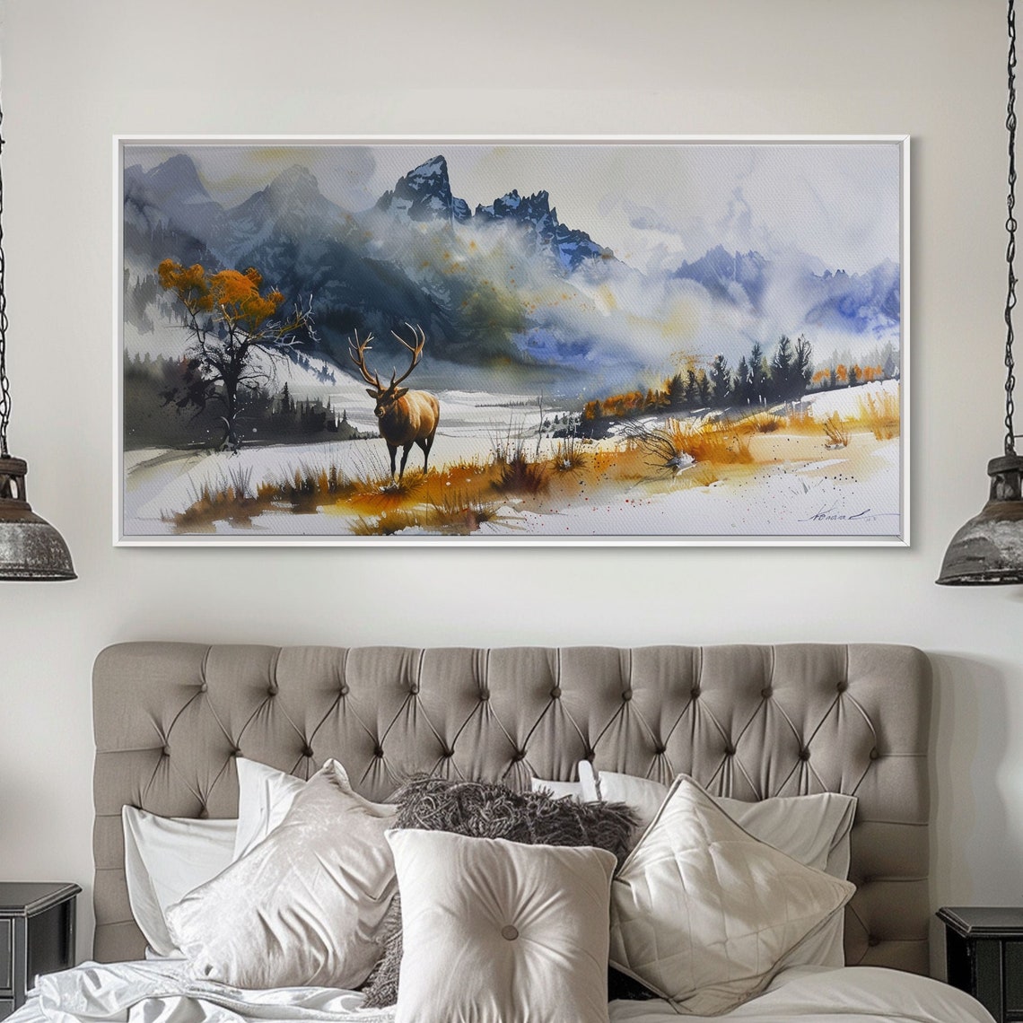 Majestic Elk In Snowy Mountain Meadow Watercolor Wildlife Art Poster - Image 4