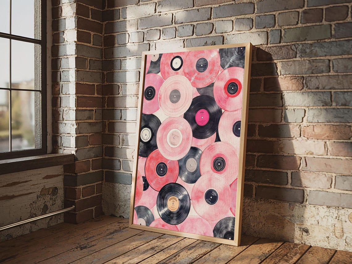 Pink And Black Vinyl Records Pattern Retro Music Wall Art Print - Image 3