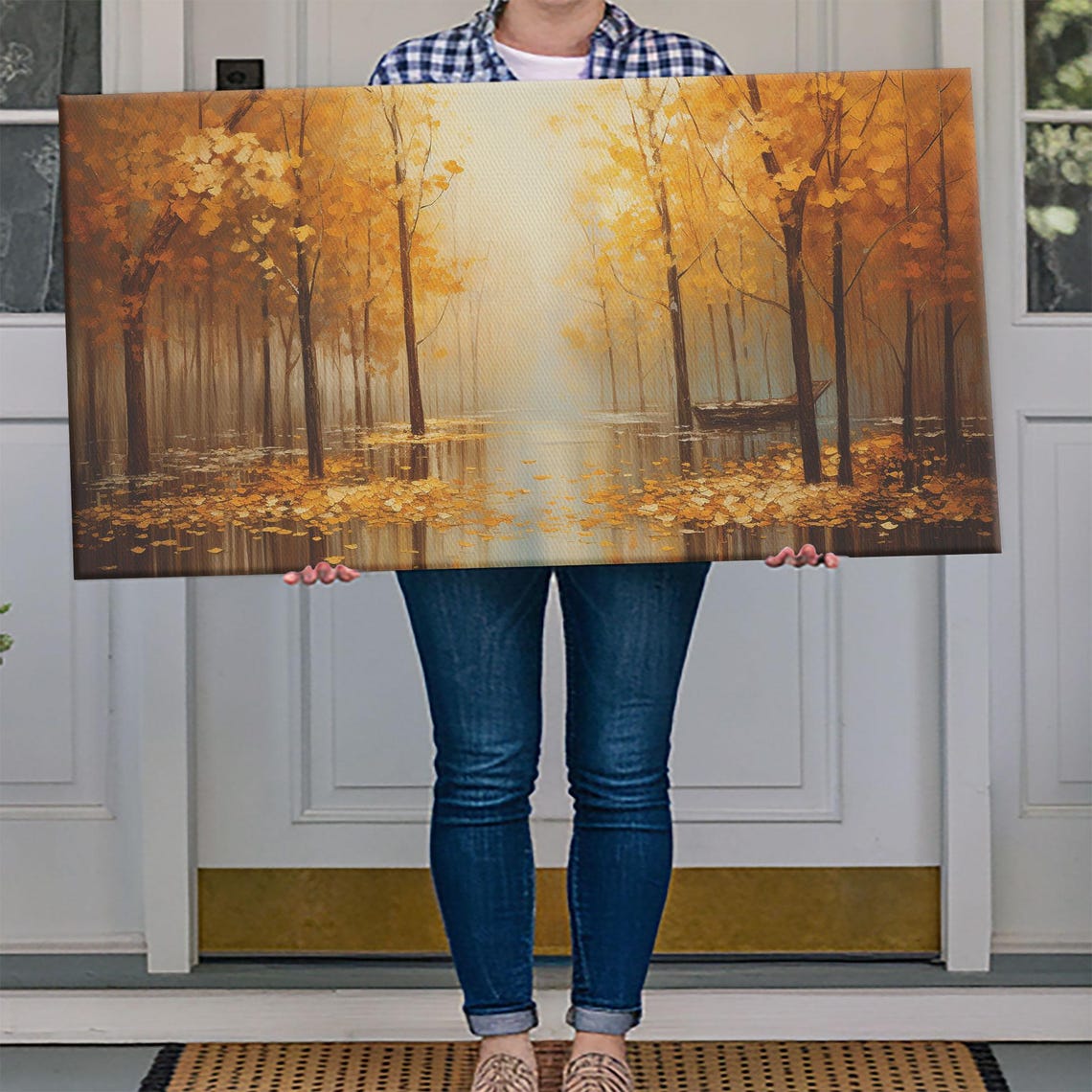 Golden Autumn Forest Flooded Leaves Misty Lake Painting Wall Art - Image 4