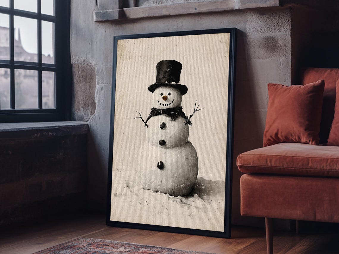 Vintage Snowman With Top Hat Painting Rustic Winter Holiday Poster