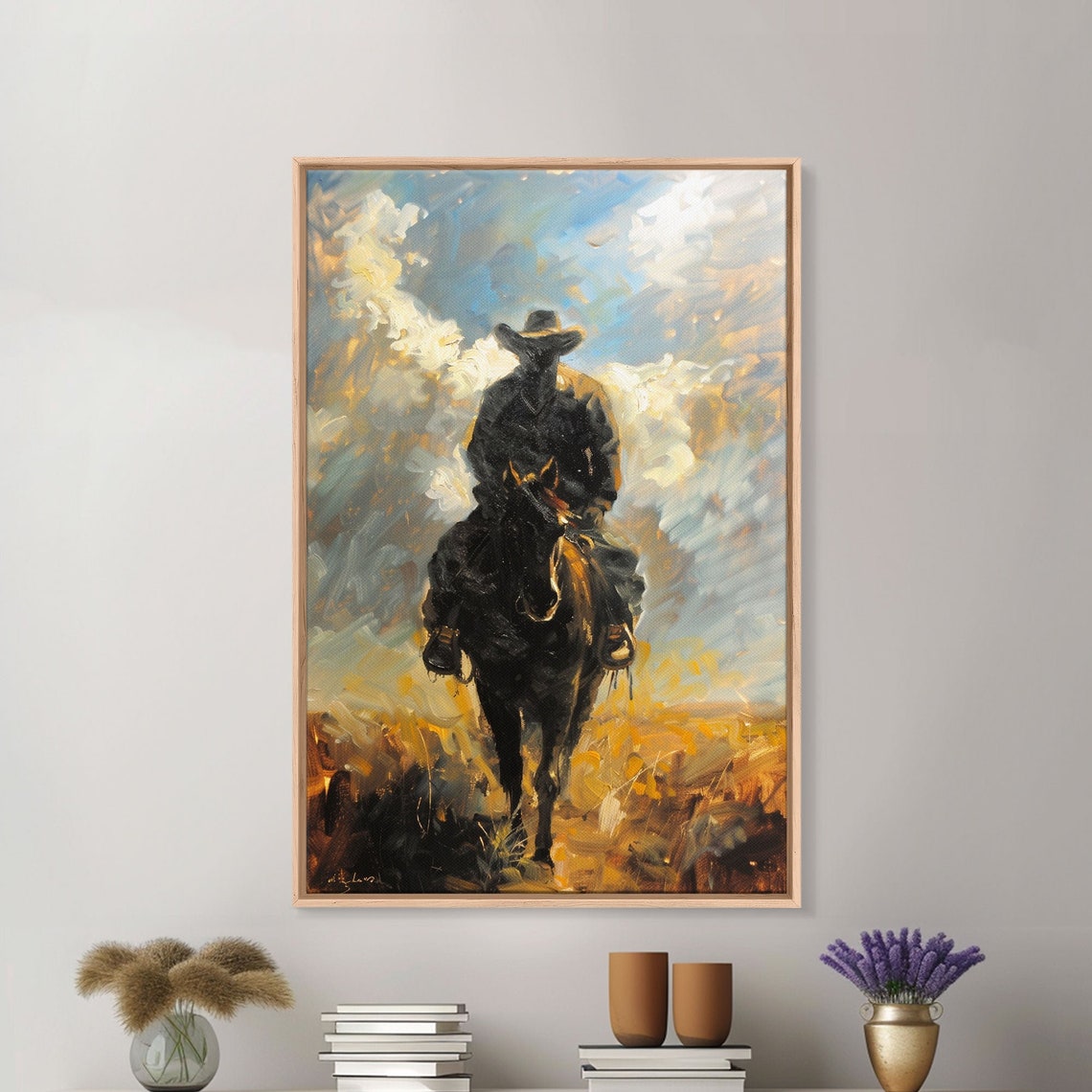 Silhouette Cowboy On Horseback At Dusk Golden Prairie Oil Poster - Image 4