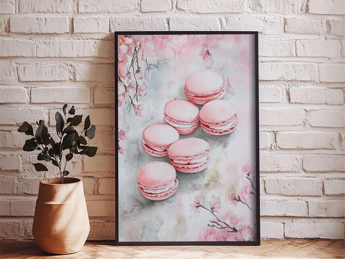 Pink Macarons Cherry Blossom Watercolor Sweet French Bakery Wall Art - Image 3