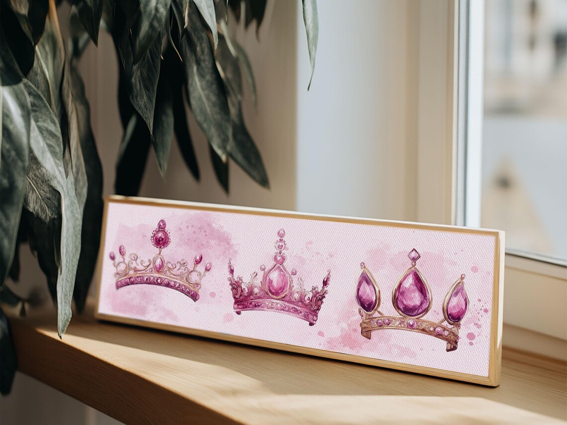 Pink Jeweled Crowns Watercolor Royal Gemstone Magenta Crown Canvas Art Poster - Image 4