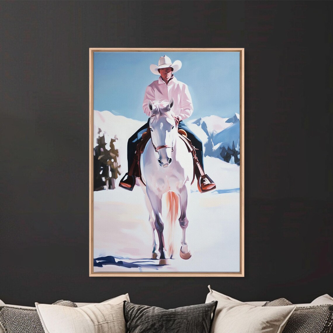 Cowboy Riding White Horse Through Snowy Mountains Winter Scene Poster - Image 4
