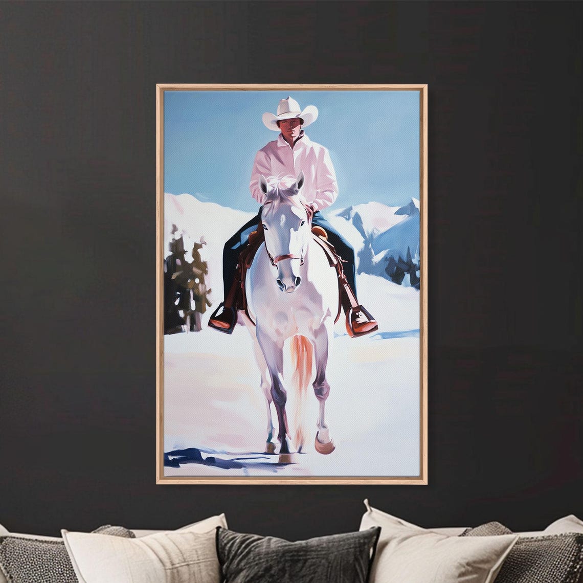 Lone Cowboy On White Horse In Snowy Landscape Print Winter Christmas Art Seasonal Wall Art Vintage Christmas Moody Landscape Gift - Image 4