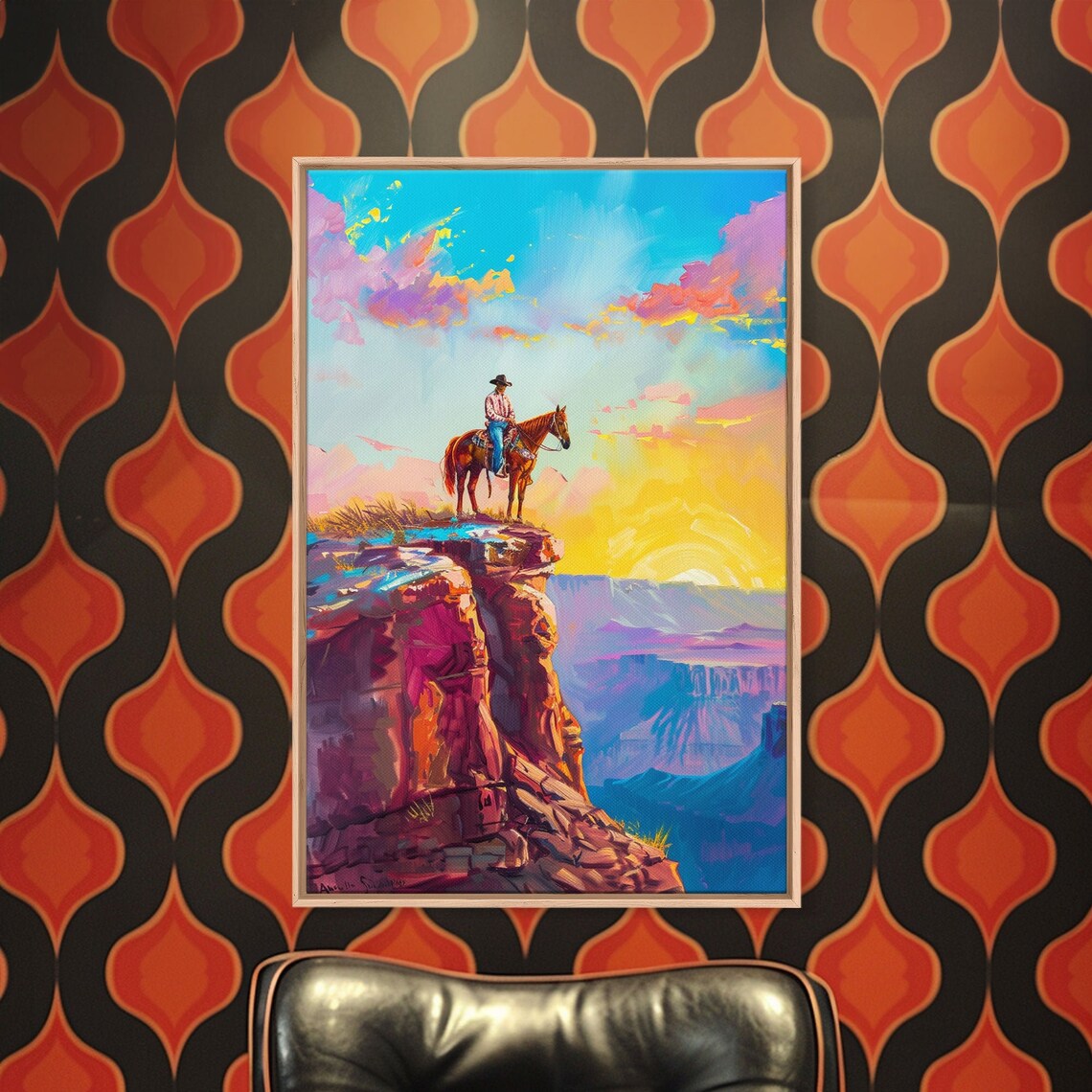 Cowboy On Horseback Canyon Cliff Edge Colorful Sunrise Western Poster - Image 3