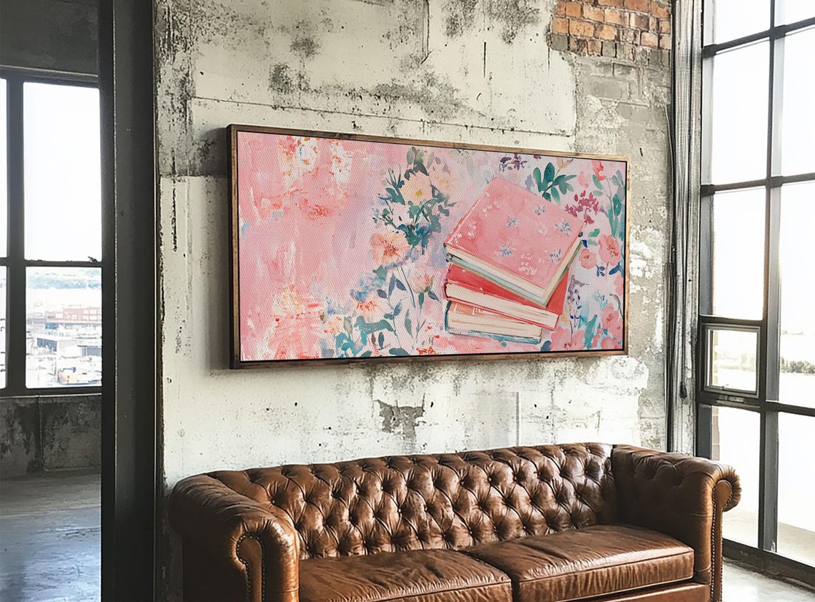 Pink Floral Books Stack Watercolor Reading Corner Library Poster - Image 4