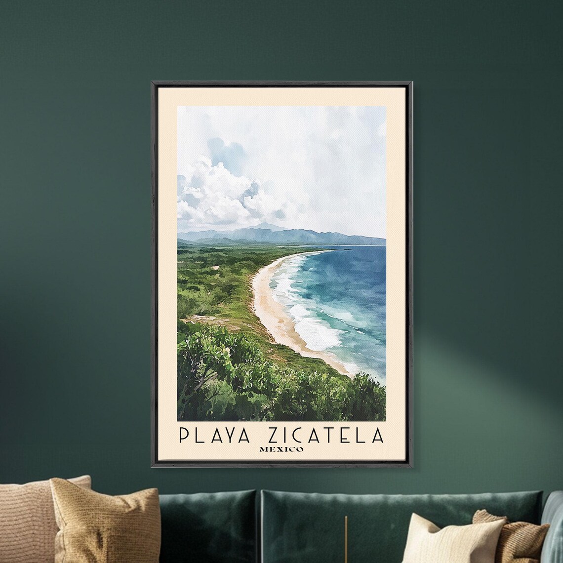 Playa Zicatela Mexico Long Surf Beach Green Hills Watercolor Travel Poster - Image 5