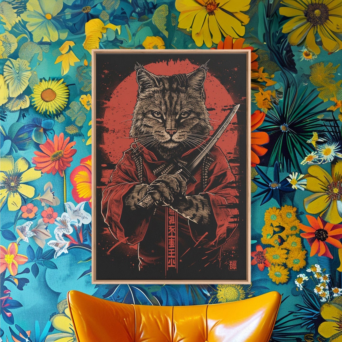Samurai Cat Katana Red Kimono Japanese Warrior Animal Art Print - Image 3